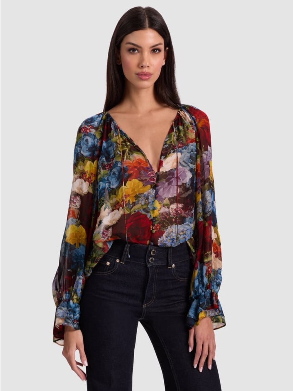 NWT Alice Olivia Josephine Floral Split Neck Blouson-Sleeve Blouse
